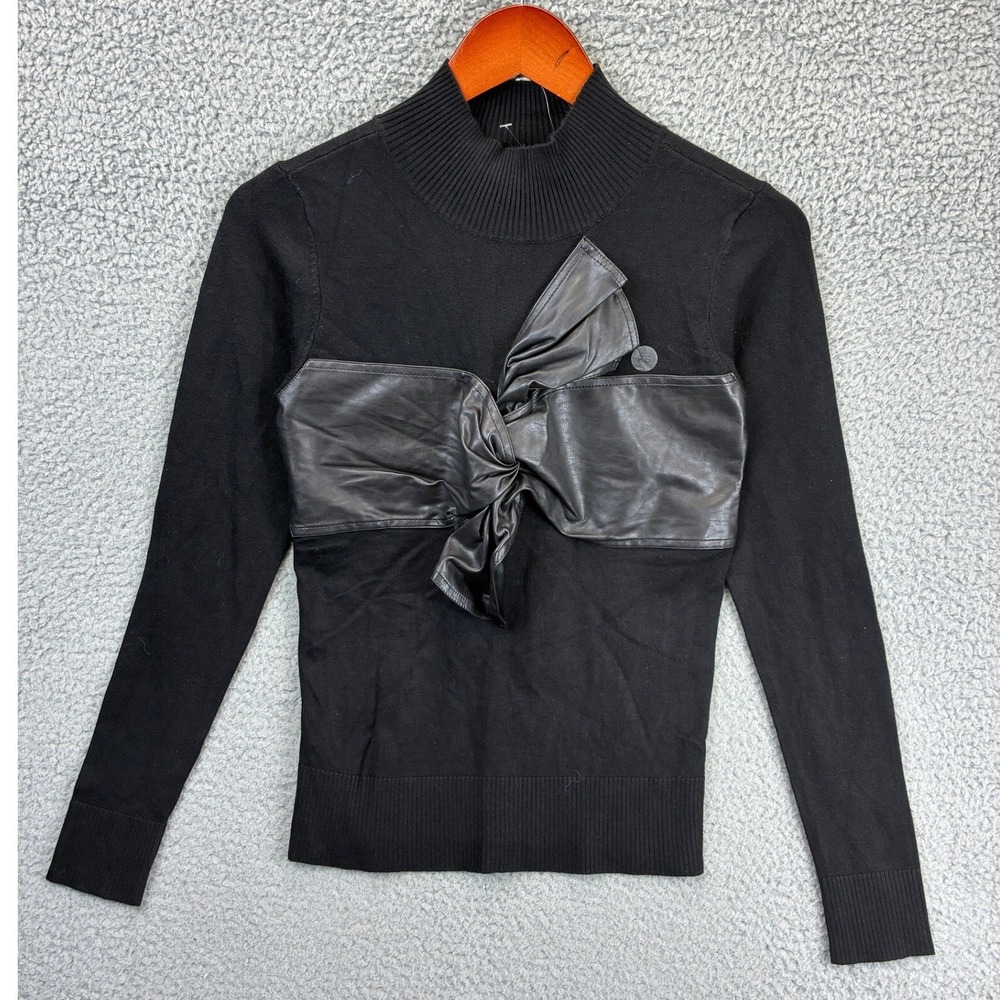 New York & Company Faux Leather Bow Pullover Sweater Womens XS Black Party NWT